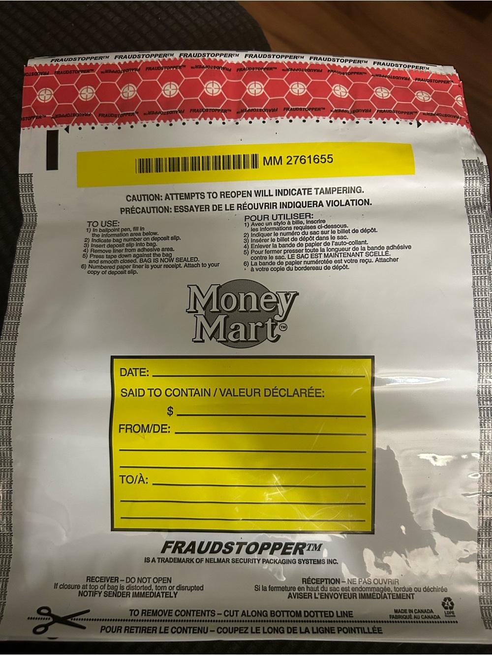 Money Mart Deposit Bag with Yellow Form 100 bags